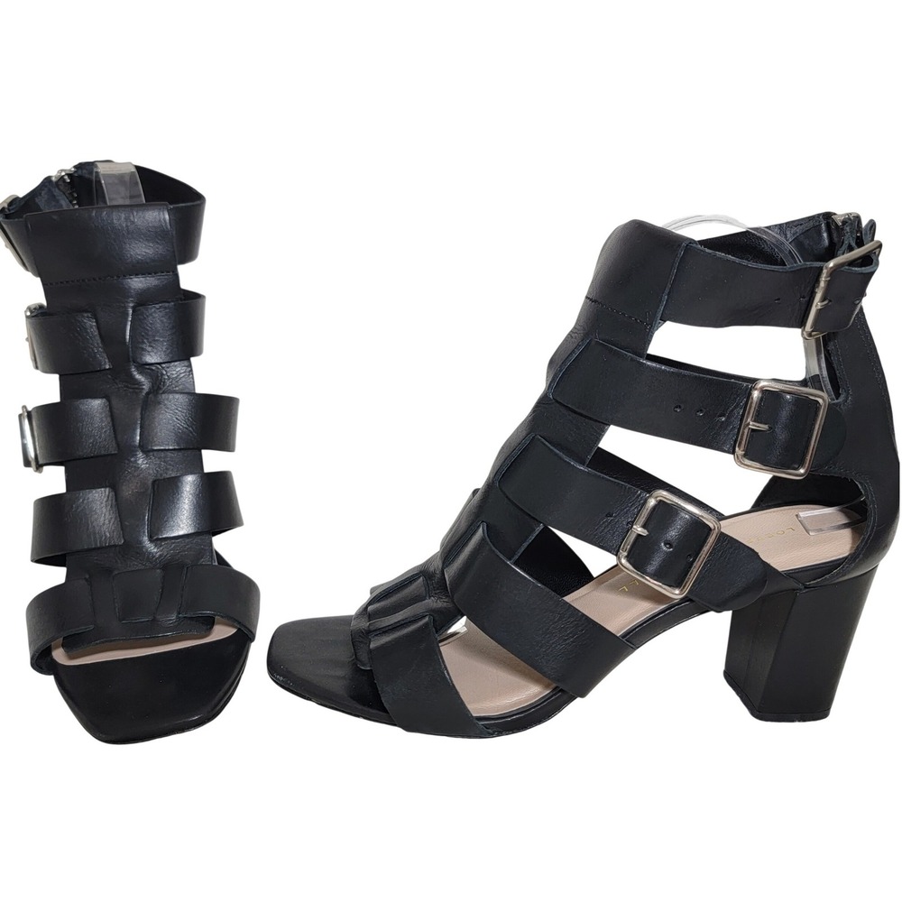 Loeffler Randall Womens 7.5 B Black Leather Gladiator Cage Block Heel Sandals